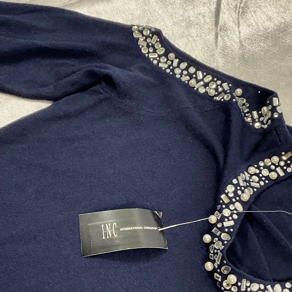 INC Women’s Embellished Cold Shoulder Sweater Navy Beaded Neckline Size S NWT - Picture 10 of 12